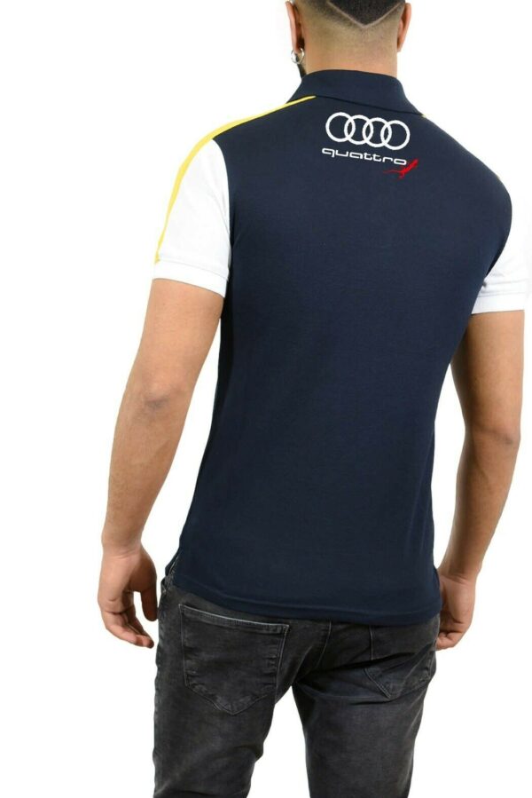 Polos homme Tricolore bleu foncé blanc et jaune logo AUDI RS MT06-1 dos