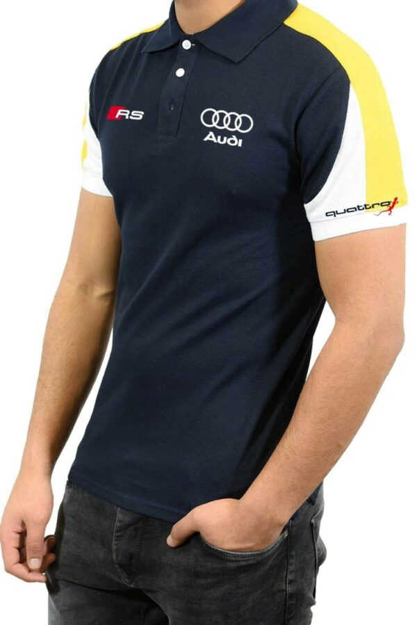 Polos homme Tricolore bleu foncé blanc et jaune logo AUDI RS MT06-1 face